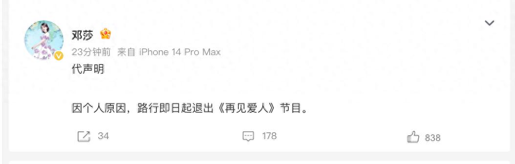 鄧莎發文:因個人原因,路行即日起退出《再見愛人》節目